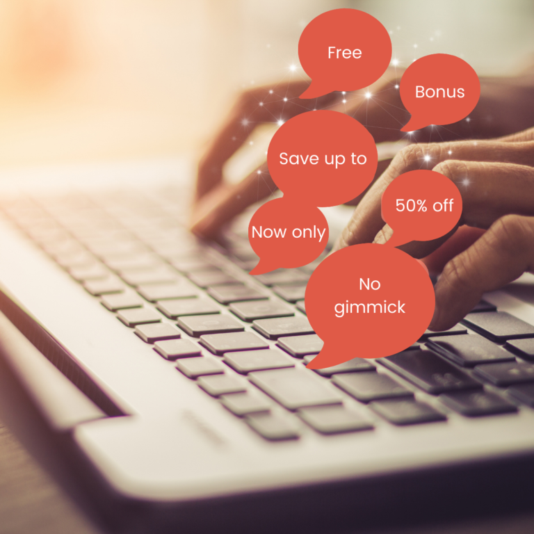 typing on keyboard with quotes that read: free, bonus, save up to 50% off, now only, no gimmick