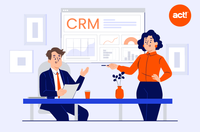 Illustration of two people behind a desk looking at a chart on the wall that says CRM