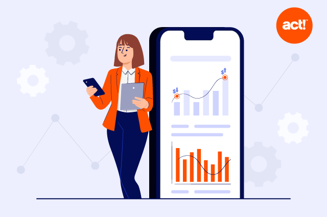 An illustration of a woman looking at a phone in her hand while leaning against a large phone screen with a graph on it.