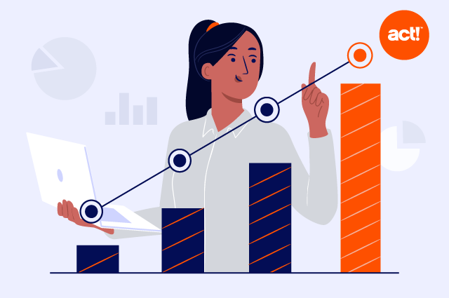 an illustration of a woman standing behind an inclining bar graph