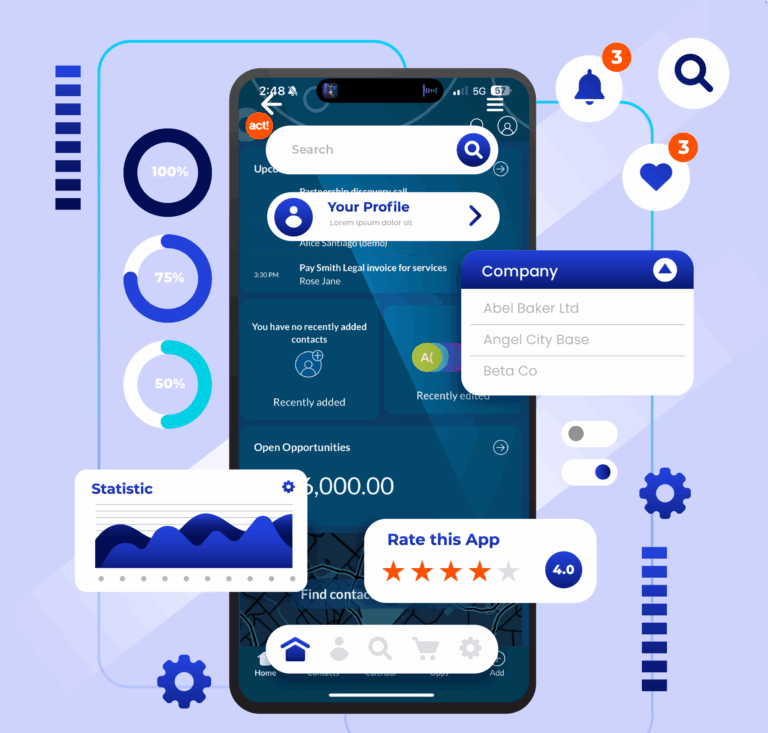 illustration of a mobile phone with app icons floating around it
