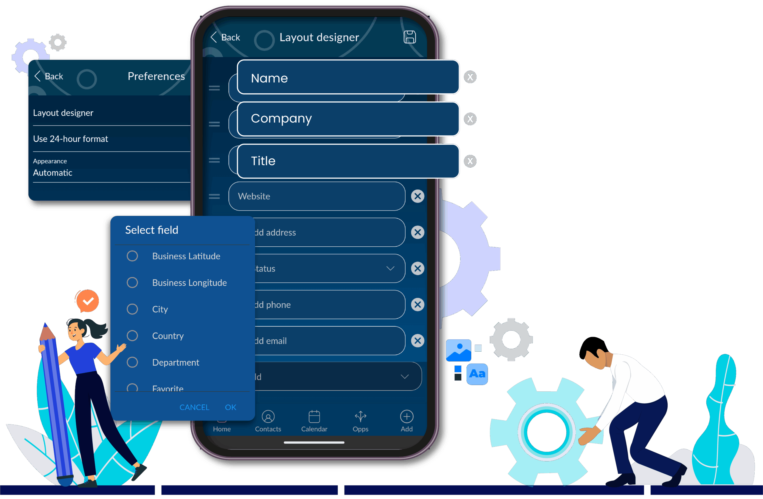 an illustration of a large cellphone with Act! Advantage mobile app on the screen and two people next to it