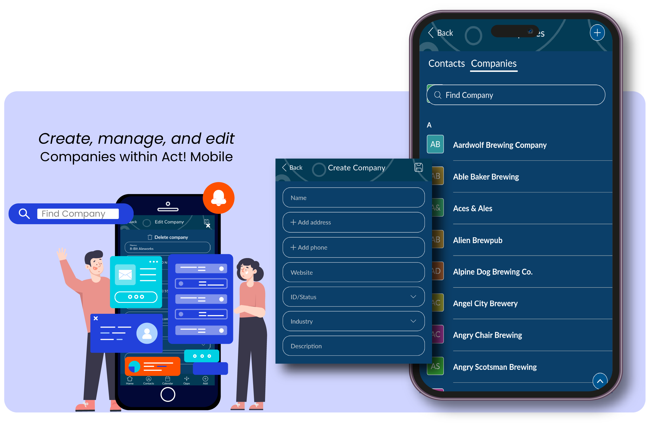 an illustratin of two people standing next to large cellphones with mobile app screen and icons