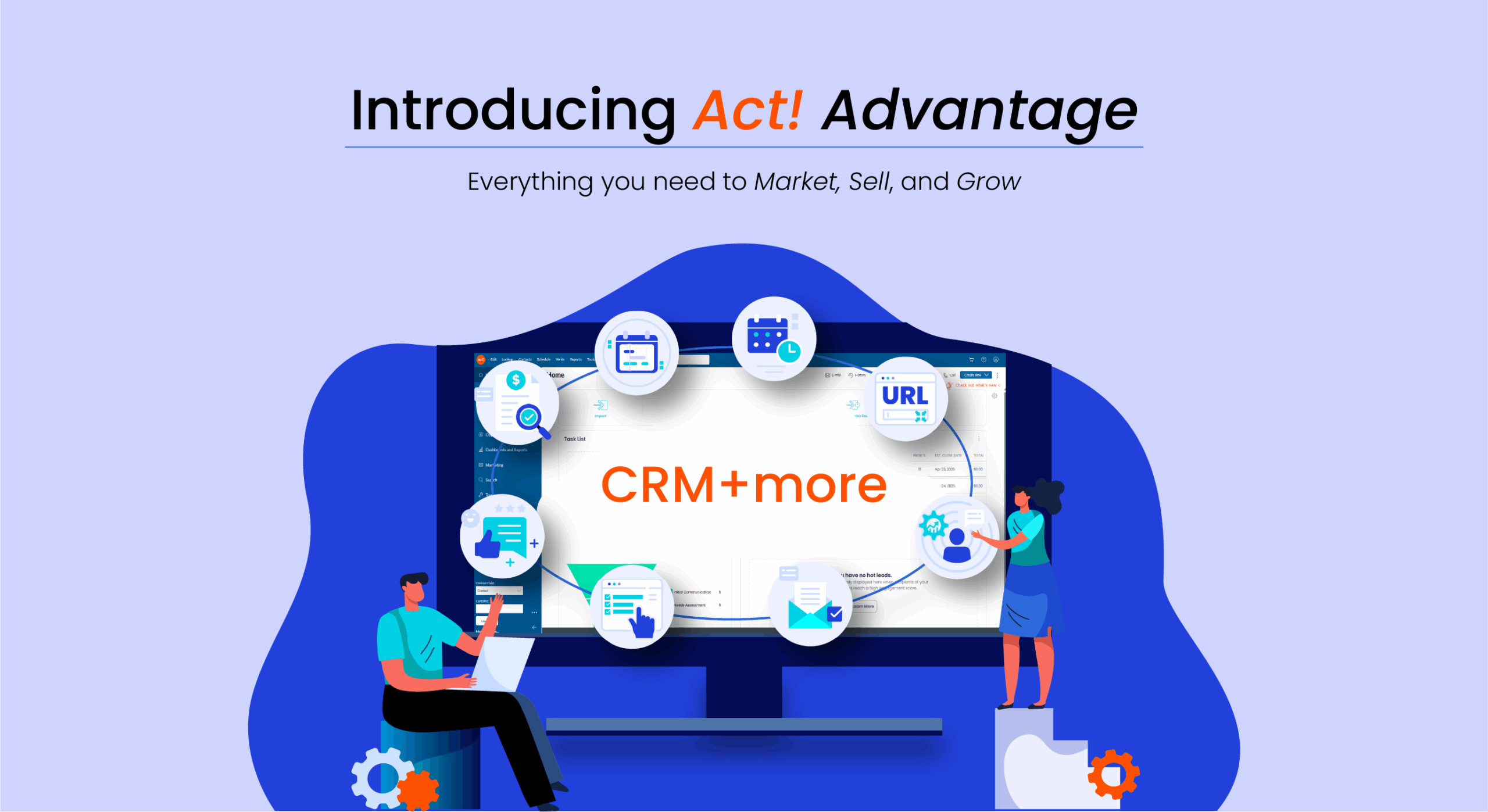 illustration of someone sitting at a desk with a CRM + front office solution on their desktop