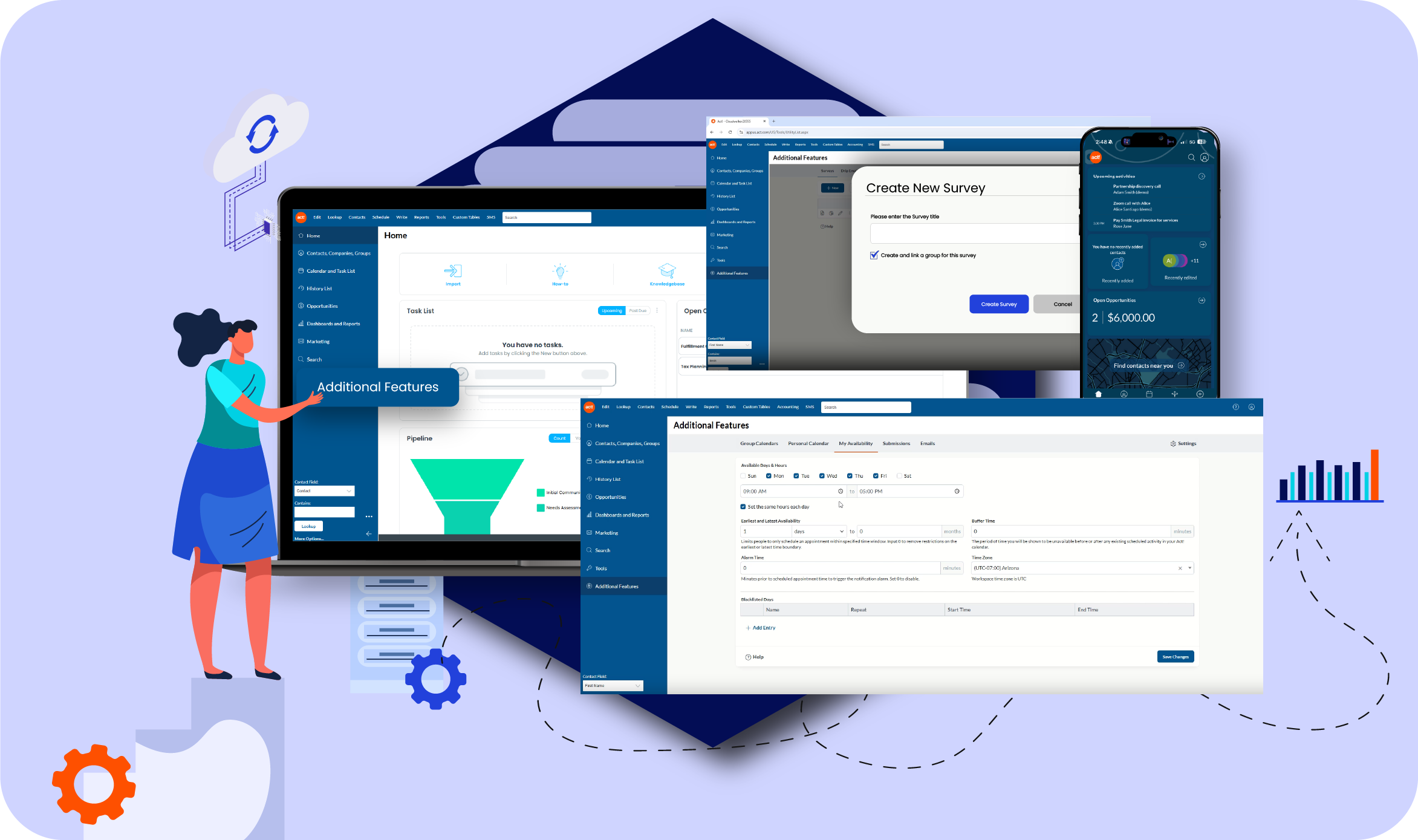 illustration of woman standing in front of several floating Act! Advantage screenshots New and updated Act! Platform