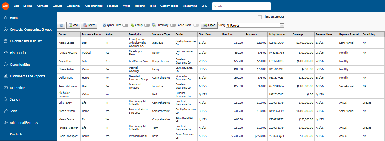 insurance screenshot A screenshot showing customizable insurance fields