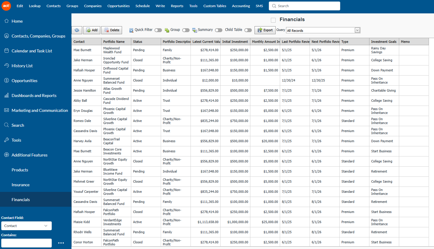 Act! CRM screenshot for financial services