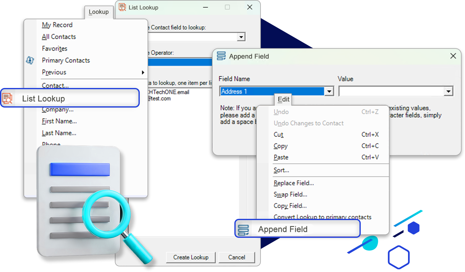 stylized screenshots depicting append to field and list lookup functionality