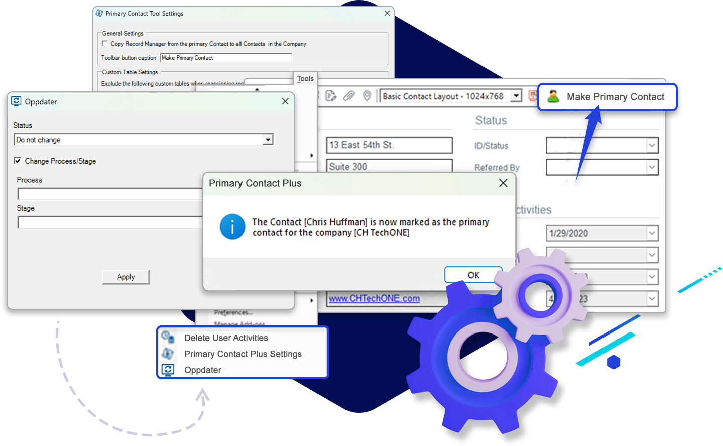 Stylized screenshots depicting Oppdate and Primary Contact Plus functionality