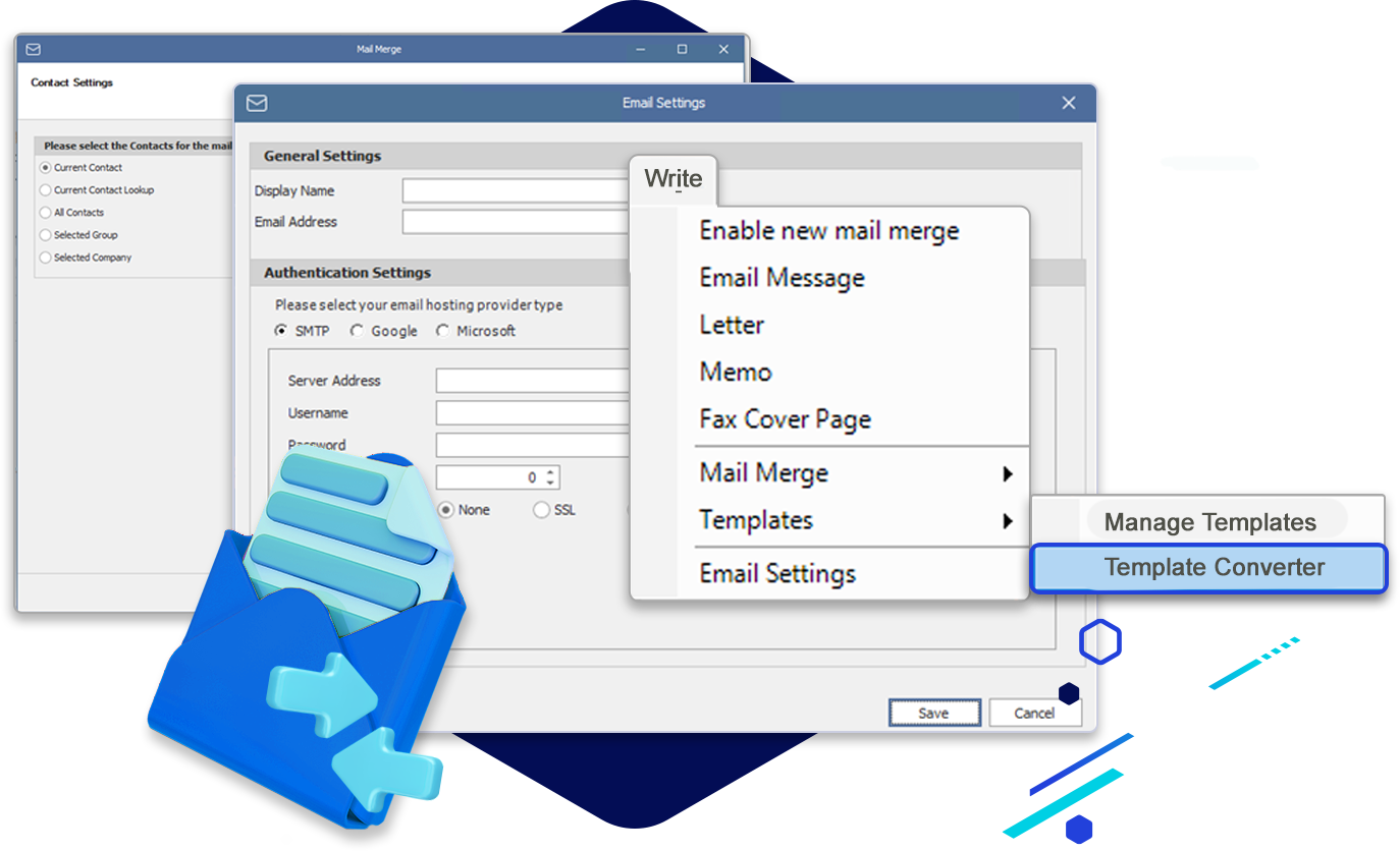 Stylized screenshots depticing SQL 2022 and mail merge functionality
