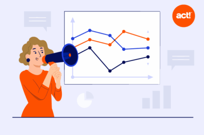 an illustration of a woman yelling into a bull horn with a graph behind her showing trends