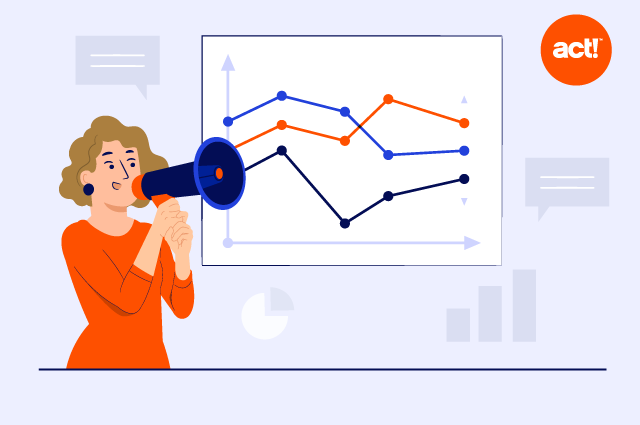 an illustration of a woman yelling into a bull horn with a graph behind her showing trends