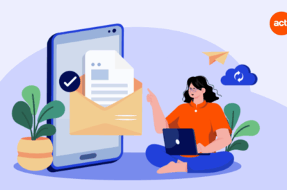 an illustration of a woman sitting on a floor looking at a large screen with an email message