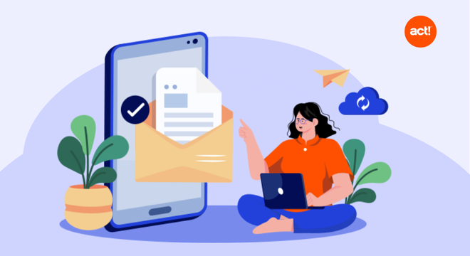 an illustration of a woman sitting on a floor looking at a large screen with an email message