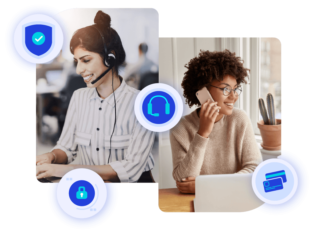Two women on telephones with icons floating between them