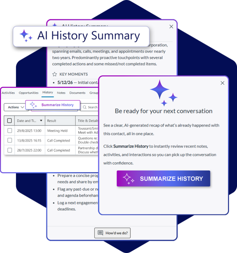 a compilation of stylized screenshots representing Act!'s AI History functionality