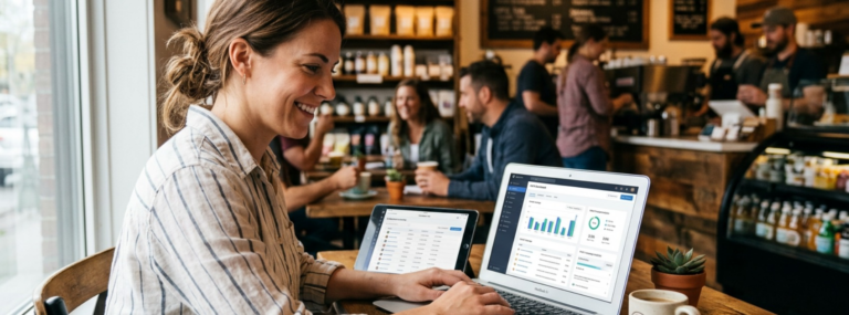 picture of person looking at Act! CRM in a restaurant