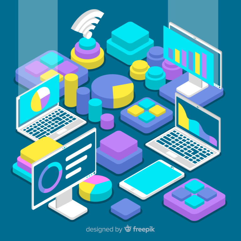 an illustration of multiple computers and applications with charts and graphs and icons