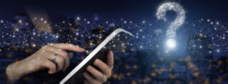 Hands using a tablet with a glowing question mark and network graphic overlay.