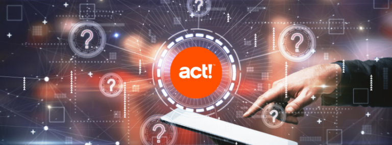 Act! logo centered on a digital interface with a hand pointing at a tablet and question marks symbolizing relationship management support.