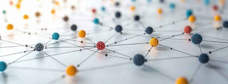 Abstract network of connected nodes and lines representing a digital business platform or CRM system.