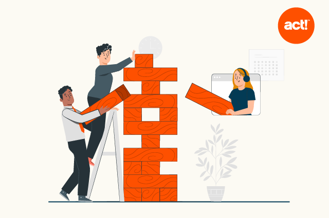 an illustration of 3 people bulidng a large jenga tower