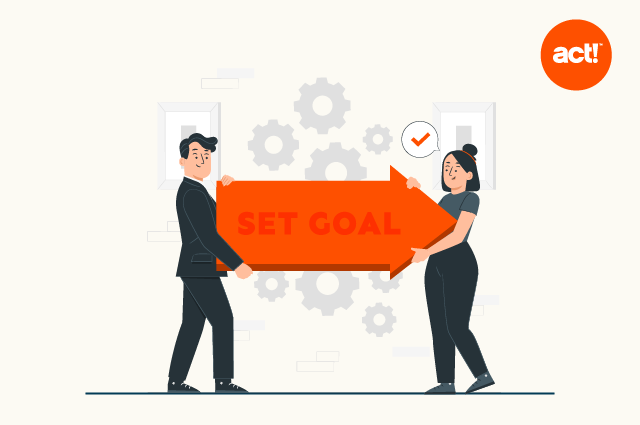 an illustration of two people holding an orange arrow that says,"goals"