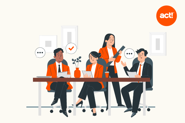 an illustration of people sitting around a table and a manager standing beside them with a cilpboard speaking to them