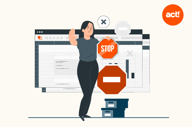 Illustration of a Person standing in front of spreadsheets holding a stop sign