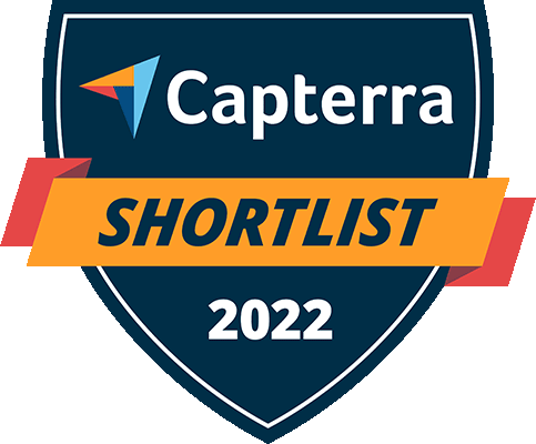 Capterra Shortlist 2022 badge, colors include a yellow nad red banner, and navy blue badge