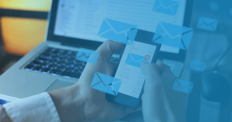 phone with envelope icon to indicate email with 5 notifications and more icons surrounding the phone