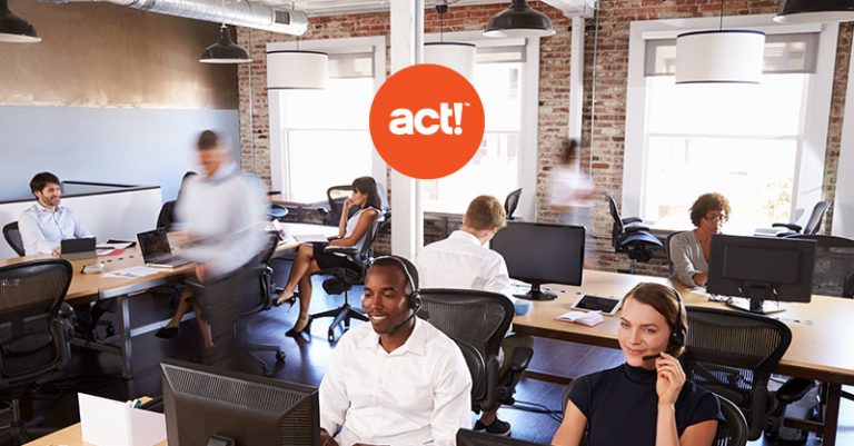 act! CRM software logo on top of photo of people working in an office
