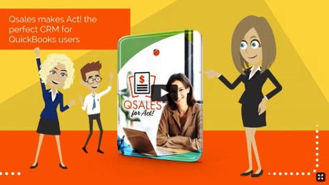 Qsales thumbnail with colors yellow and orange, and animation characters that look excited